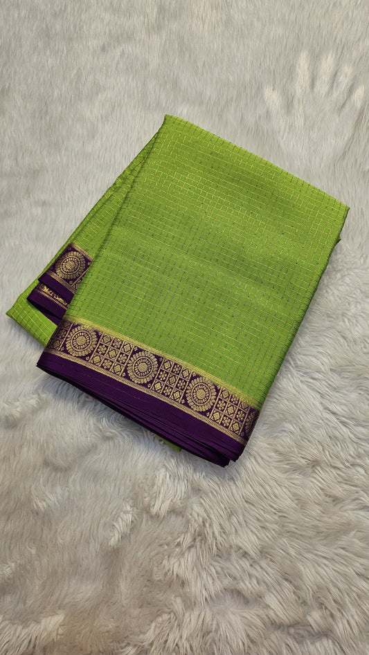 Mysore crepe silk saree with KSIC Finish in parrot green with purple,pattern
