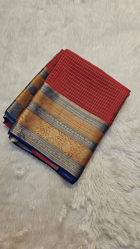 Mysore crepe silk saree with KSIC Finish in red with blue checks pattern in kanchi border