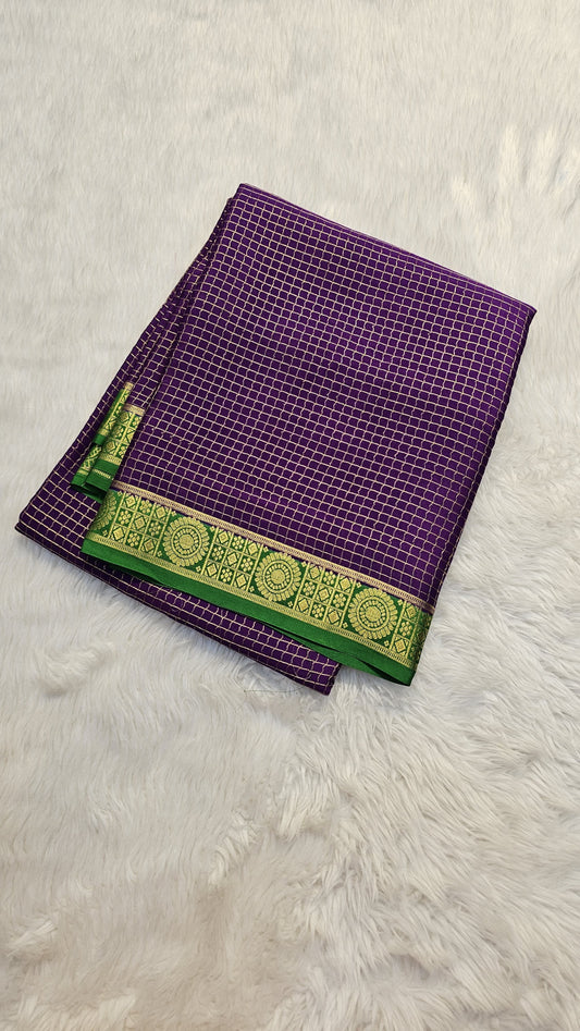 Mysore crepe silk saree with KSIC Finish in purple with green in checks pattern