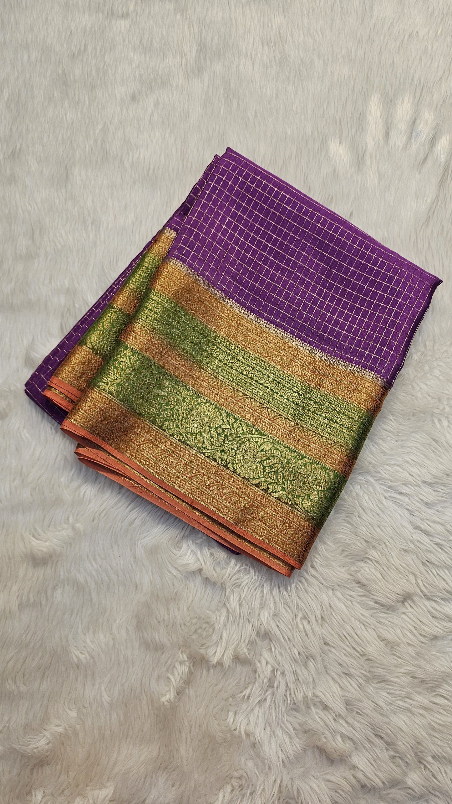 Mysore crepe silk saree with KSIC Finish in purple with peach checks pattern in kanchi border