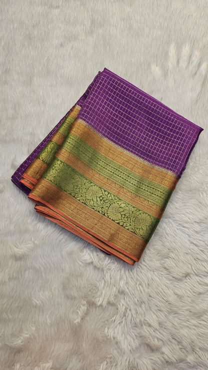 Mysore crepe silk saree with KSIC Finish in purple with peach checks pattern in kanchi border