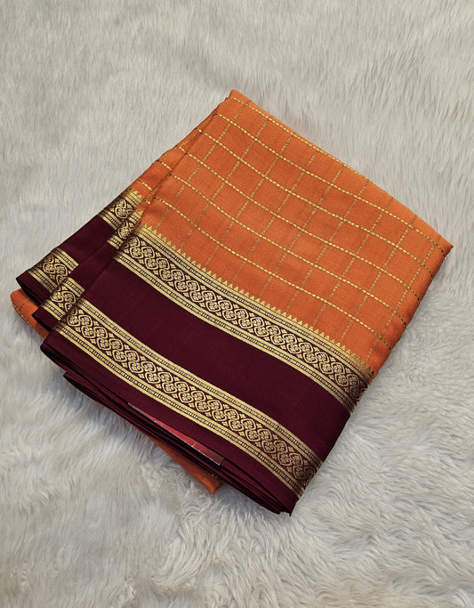 Mysore crepe silk saree with KSIC Finish in peach with maroon checks in bentex border