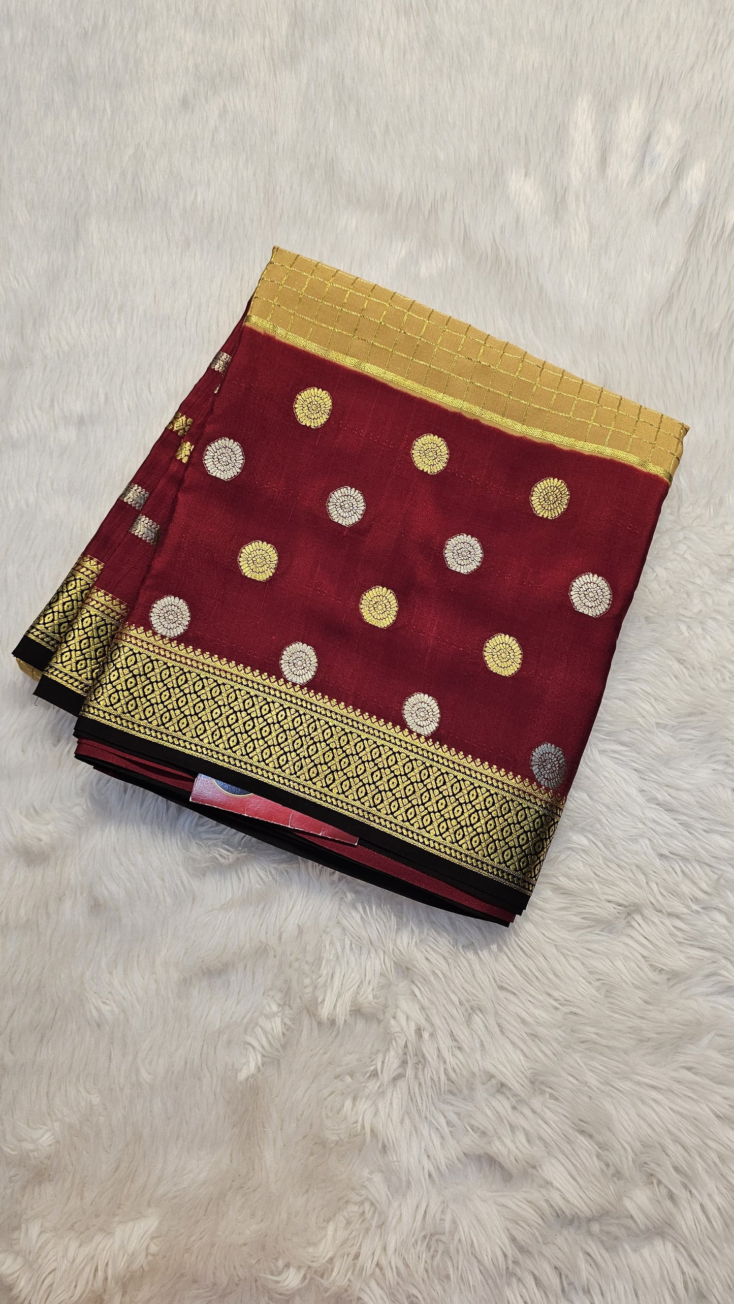Mysore crepe silk saree with KSIC Finish in beige with brick red in 3D checks pattern