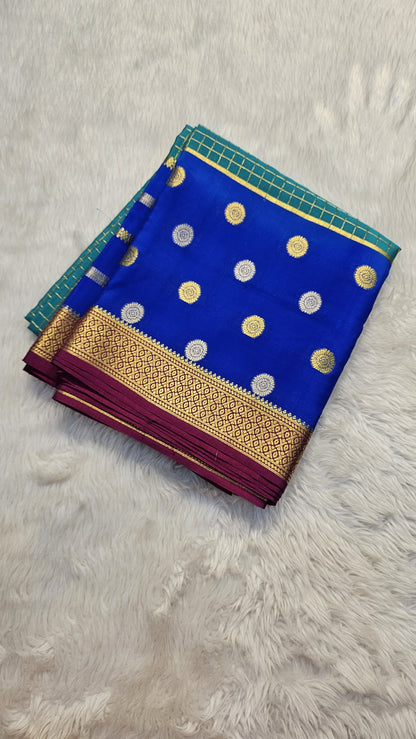 Mysore crepe silk saree with KSIC Finish in turquoise blue with royal bluein 3D checks pattern