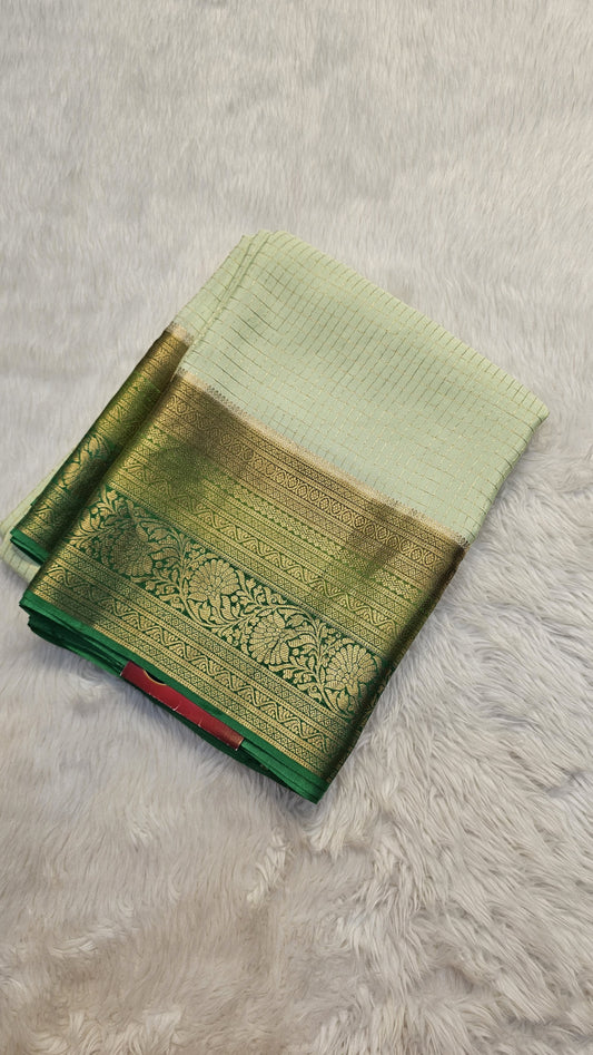 Mysore crepe silk saree with KSIC Finish in pista with leaf green checks pattern in kanchi border