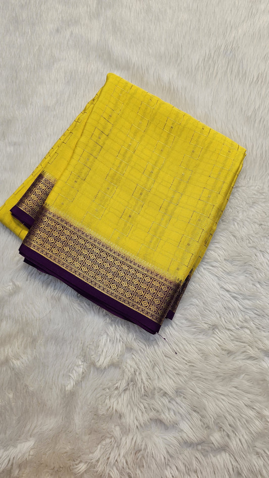 Mysore crepe silk saree with KSIC Finish in yellow with purple in zig zag pattern