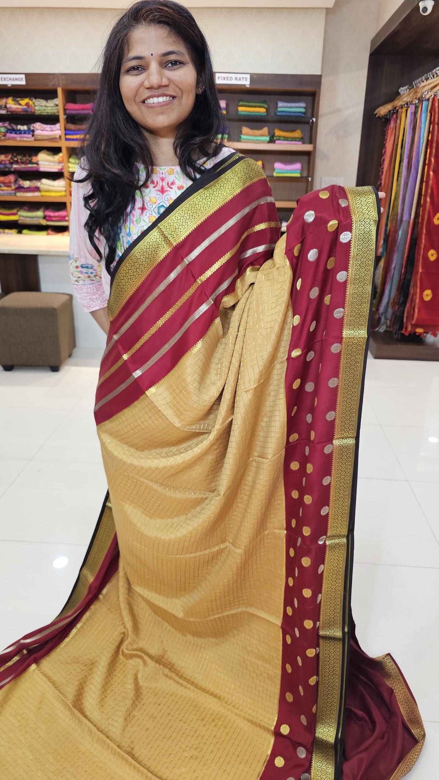 Mysore crepe silk saree with KSIC Finish in beige with brick red in 3D checks pattern