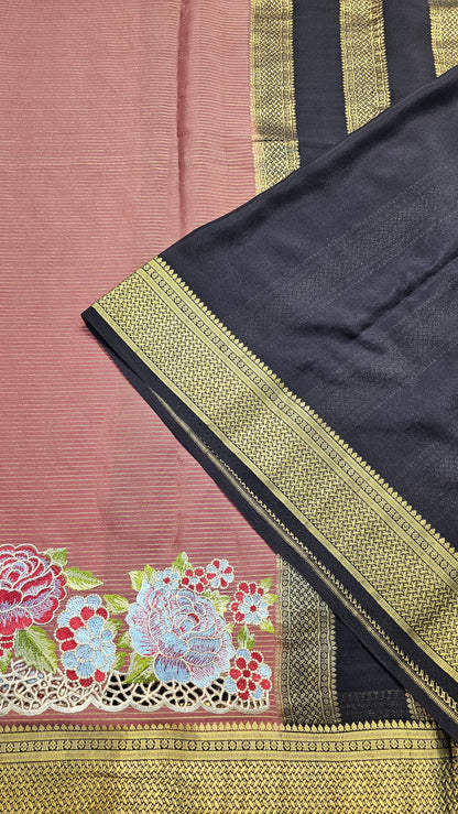 Mysore crepe silk saree with KSIC Finish in light brick red with black in one side cutwork pattern