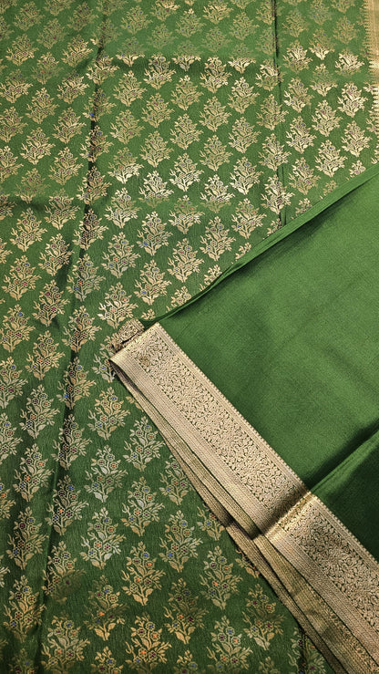 Mysore crepe silk saree with KSIC Finish in leaf green in allover zari buttas pattern