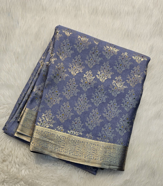 Mysore crepe silk saree with KSIC Finish in elephant grey in allover zari buttas pattern