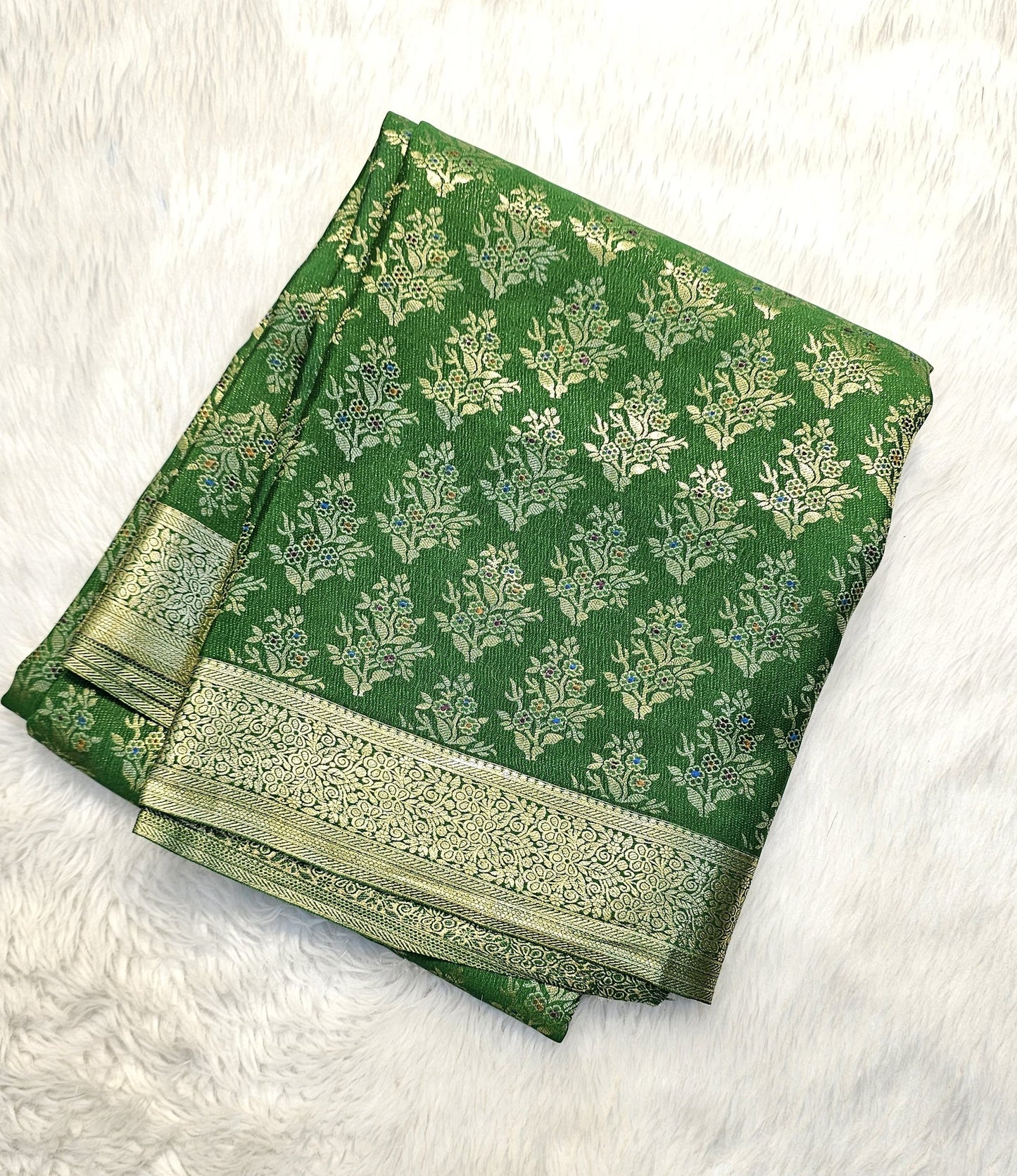 Mysore crepe silk saree with KSIC Finish in leaf green in allover zari buttas pattern