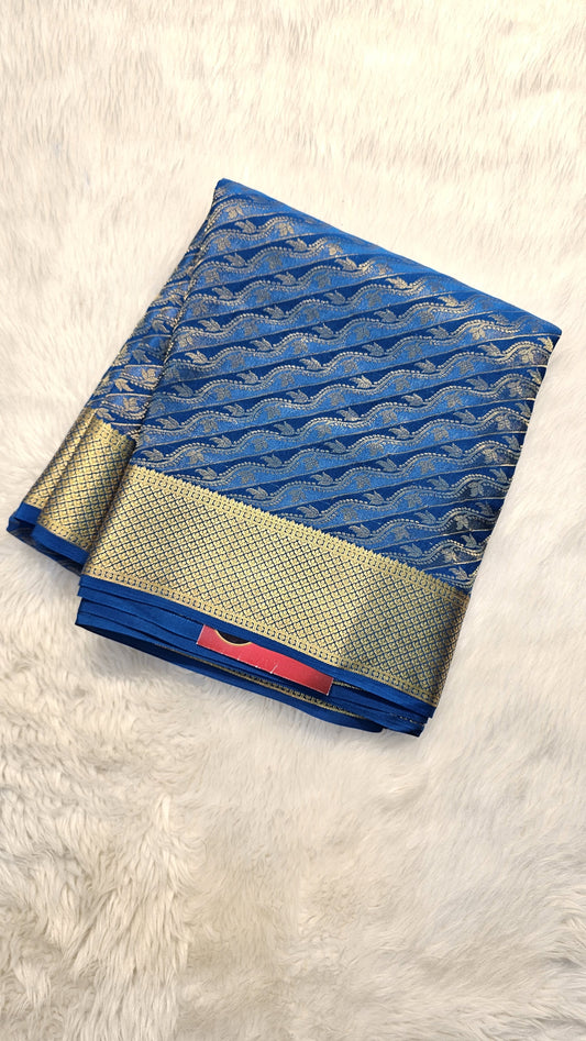 Mysore crepe silk saree with KSIC Finish in peacock blue in allover zari brocade pattern