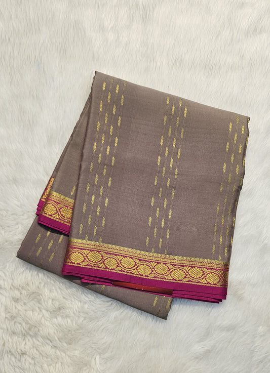 Mysore crepe silk saree with KSIC Finish in kiwi with rani pink in brocade zari pattern
