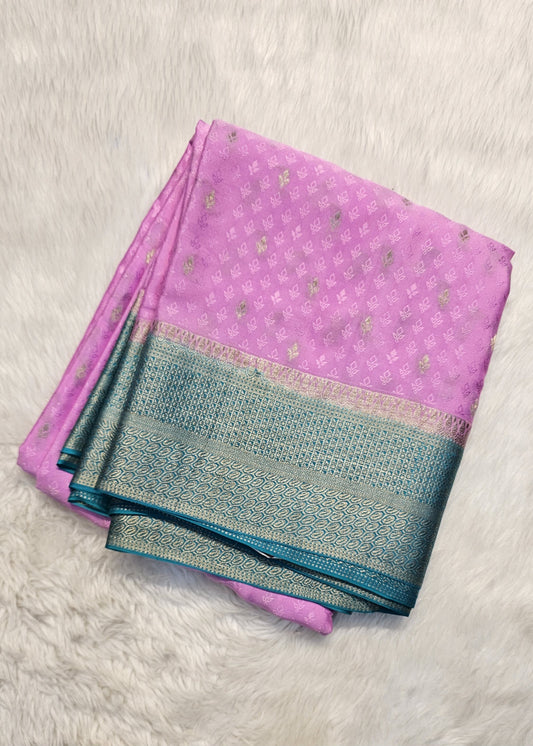 Mysore crepe silk saree with KSIC Finish baby pink with rama green in allover zari buttas pattern