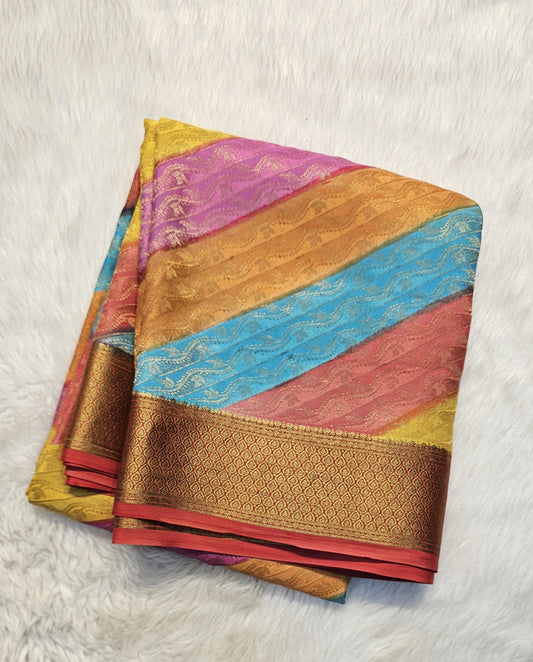 Mysore crepe silk saree with KSIC Finish in multi shades in brocade pattern