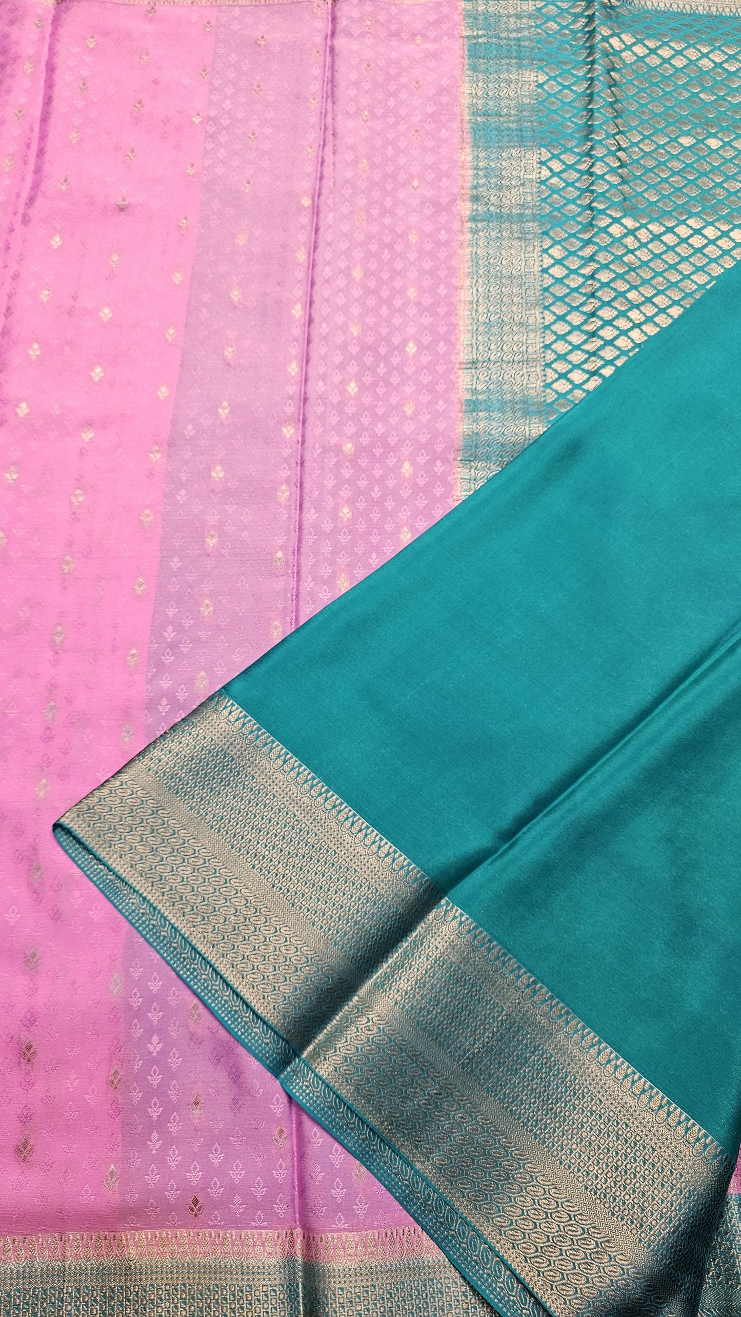 Mysore crepe silk saree with KSIC Finish baby pink with rama green in allover zari buttas pattern