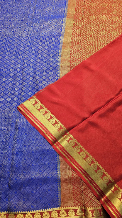 Mysore crepe silk saree with KSIC Finish in royal blue with maroon in brocade pattern