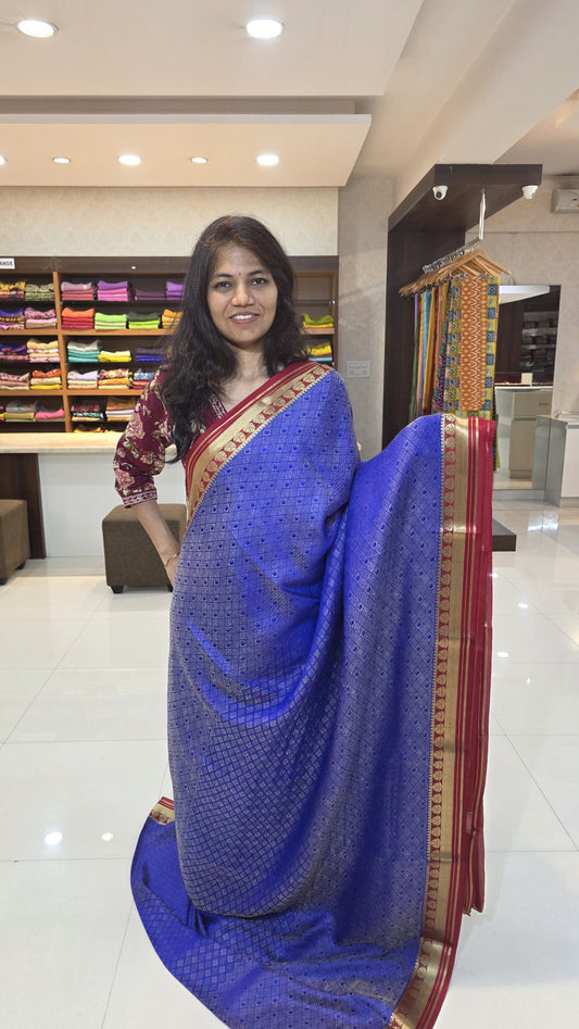 Mysore crepe silk saree with KSIC Finish in royal blue with maroon in brocade pattern