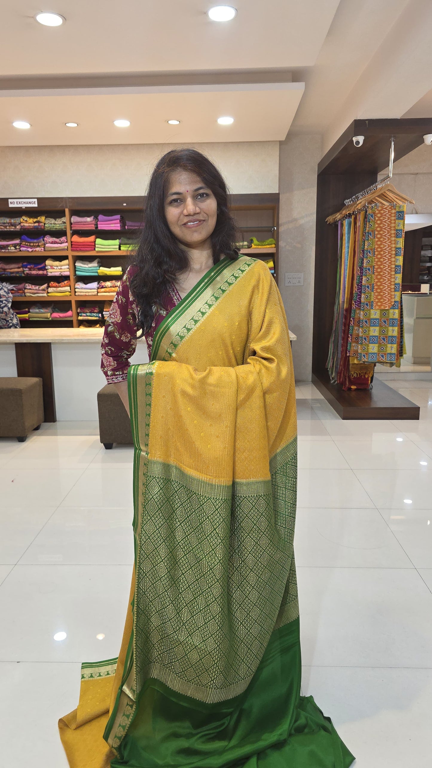 Mysore crepe silk saree with KSIC Finish in mustard with green in allover zari brocade pattern