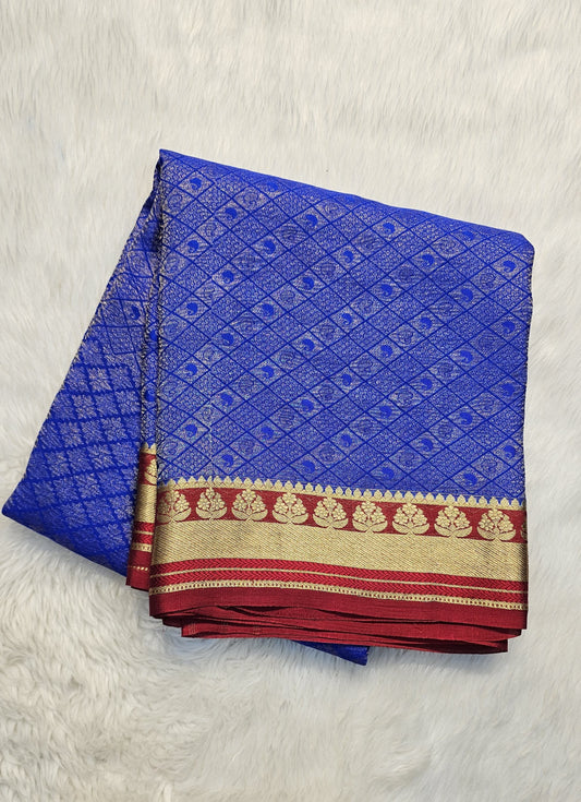 Mysore crepe silk saree with KSIC Finish in royal blue with maroon in brocade pattern
