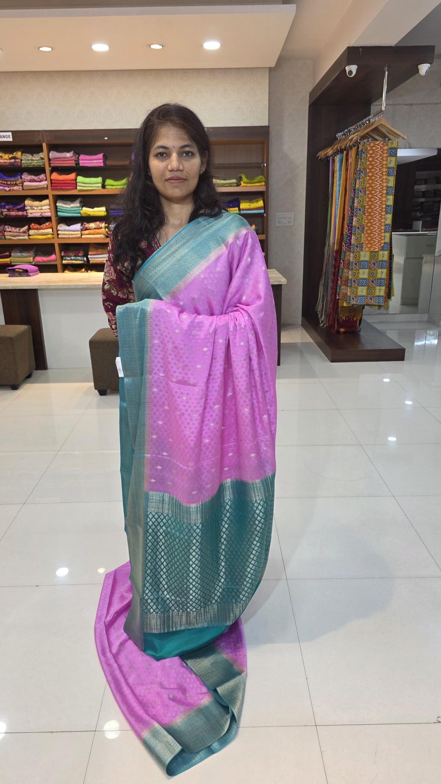 Mysore crepe silk saree with KSIC Finish baby pink with rama green in allover zari buttas pattern