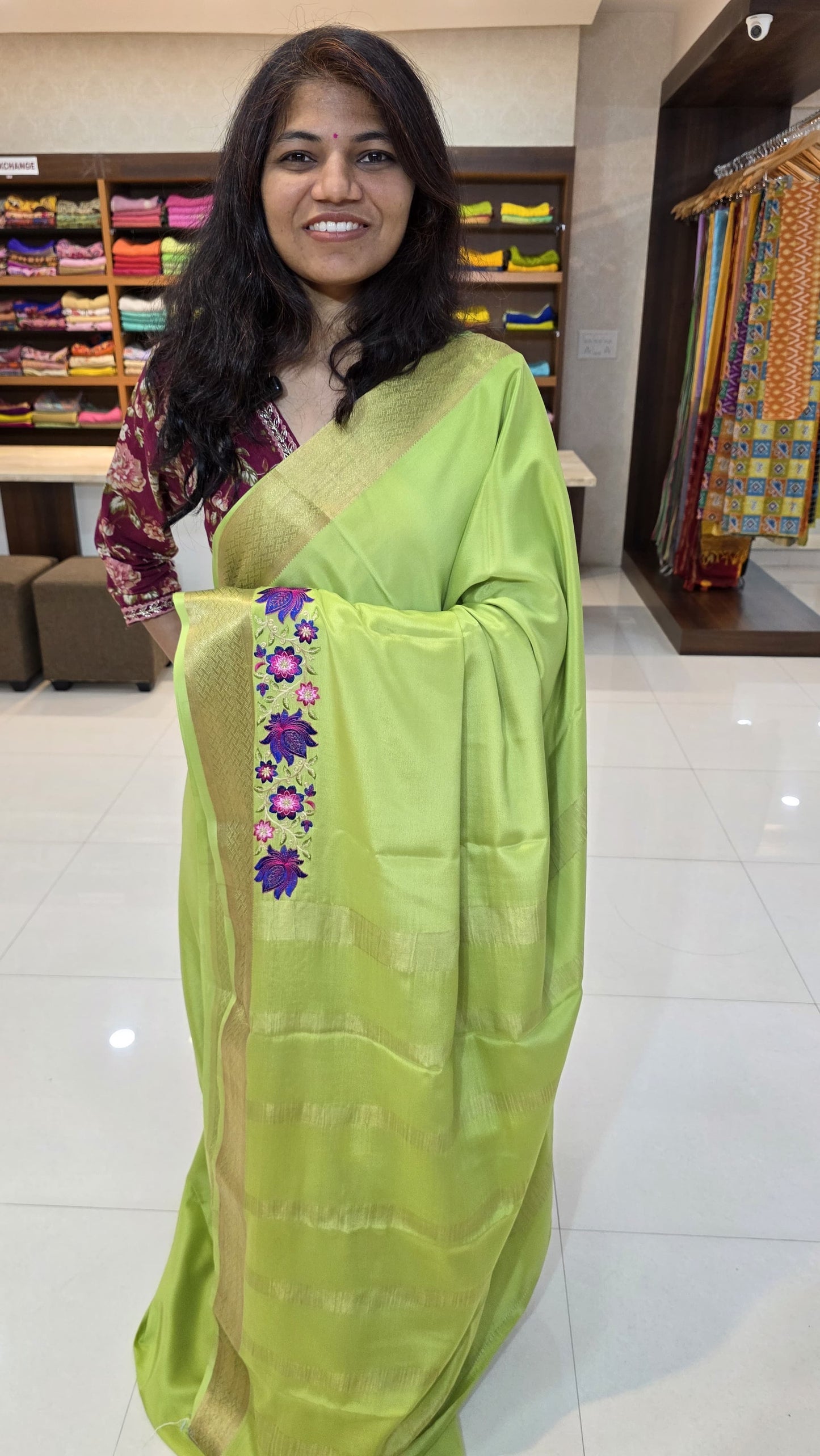 Mysore crepe silk saree with KSIC Finish in pista green in one side cutwork pattern