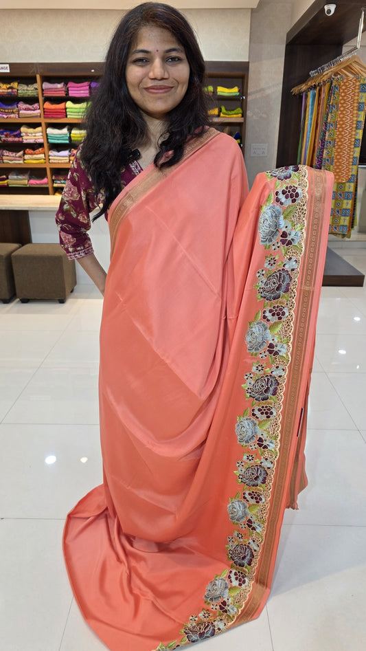 Mysore crepe silk saree with KSIC Finish in peach pink self in one side cutwork pattern
