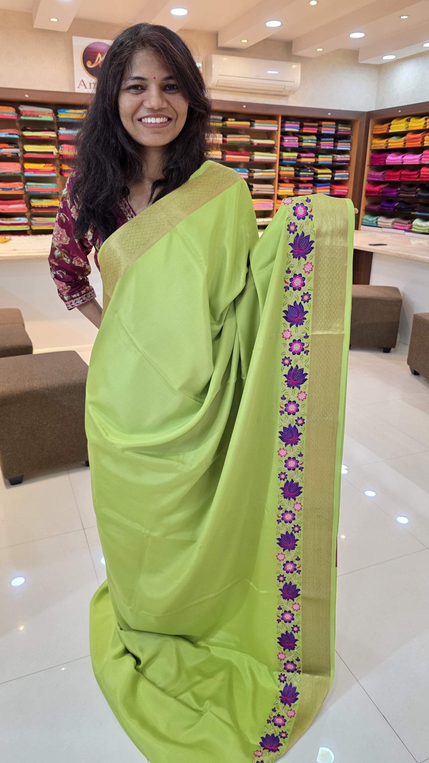 Mysore crepe silk saree with KSIC Finish in pista green in one side cutwork pattern