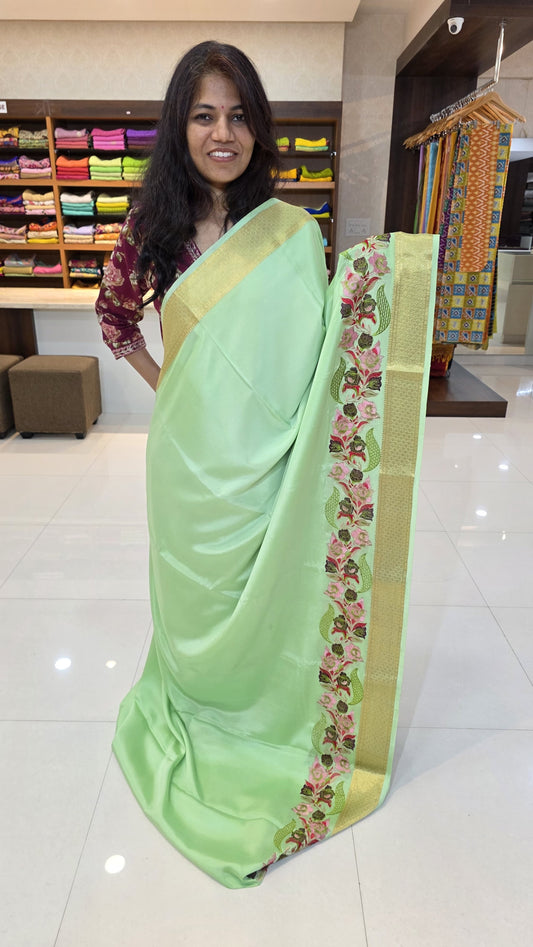 Mysore crepe silk saree with KSIC Finish in sea green in one side cutwork pattern