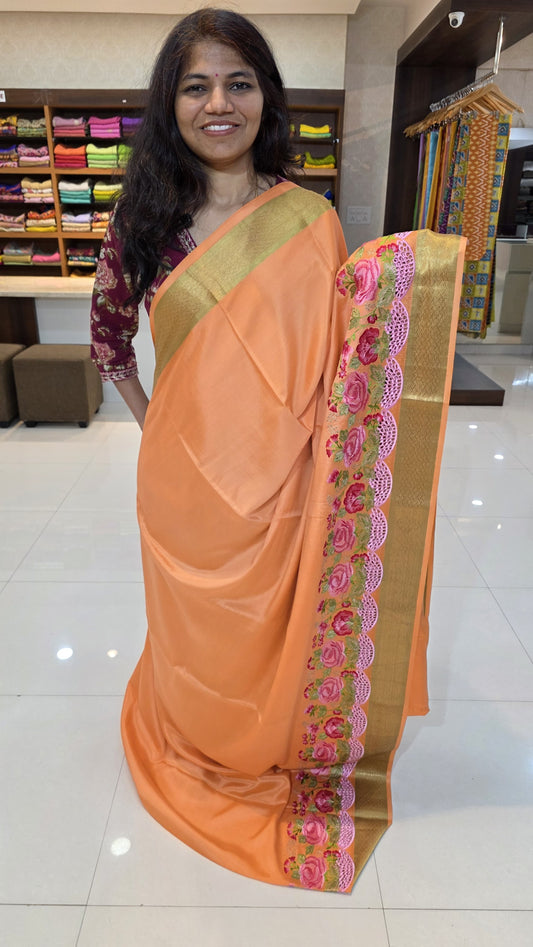 Mysore crepe silk saree with KSIC Finish in light peach in one side cutwork pattern