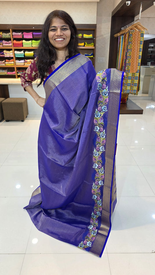 Mysore crepe silk saree with KSIC Finish in royal blue tissue in one side cutwork pattern