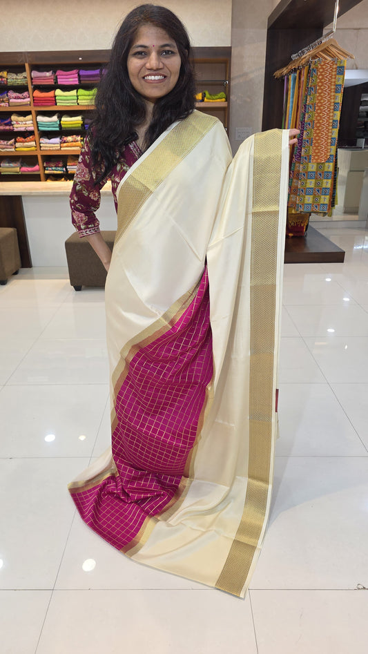 Mysore crepe silk saree with KSIC Finish in rani pink with cream in middle checks pattern
