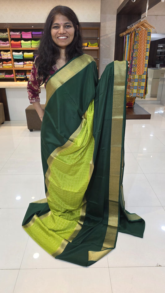 Mysore crepe silk saree with KSIC Finish in mehendi green with bottle green in middle checks pattern