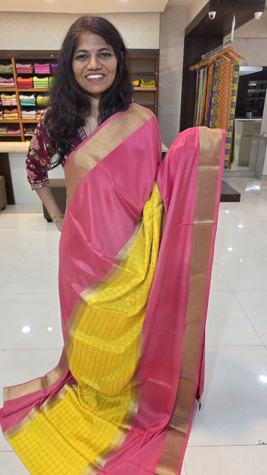 Mysore crepe silk saree with KSIC Finish in light pink with yellow in middle checks pattern