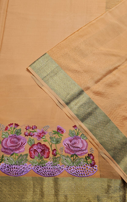 Mysore crepe silk saree with KSIC Finish in light peach in one side cutwork pattern