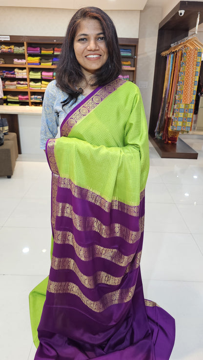 Mysore crepe silk saree with KSIC Finish in parrot green with purple,pattern