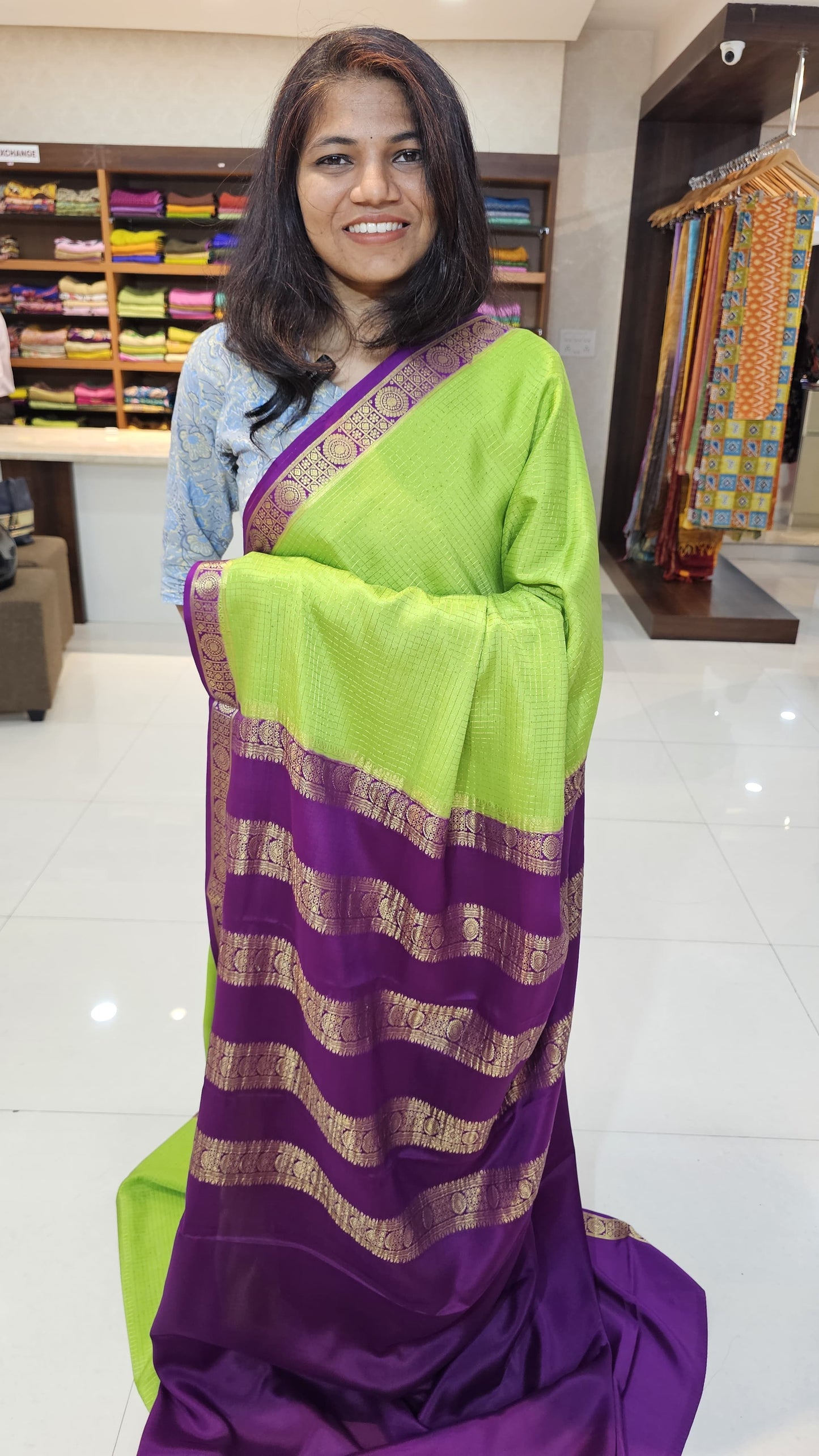 Mysore crepe silk saree with KSIC Finish in parrot green with purple,pattern