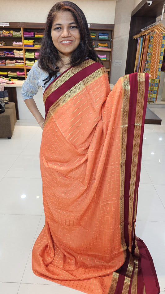 Mysore crepe silk saree with KSIC Finish in peach with maroon checks in bentex border