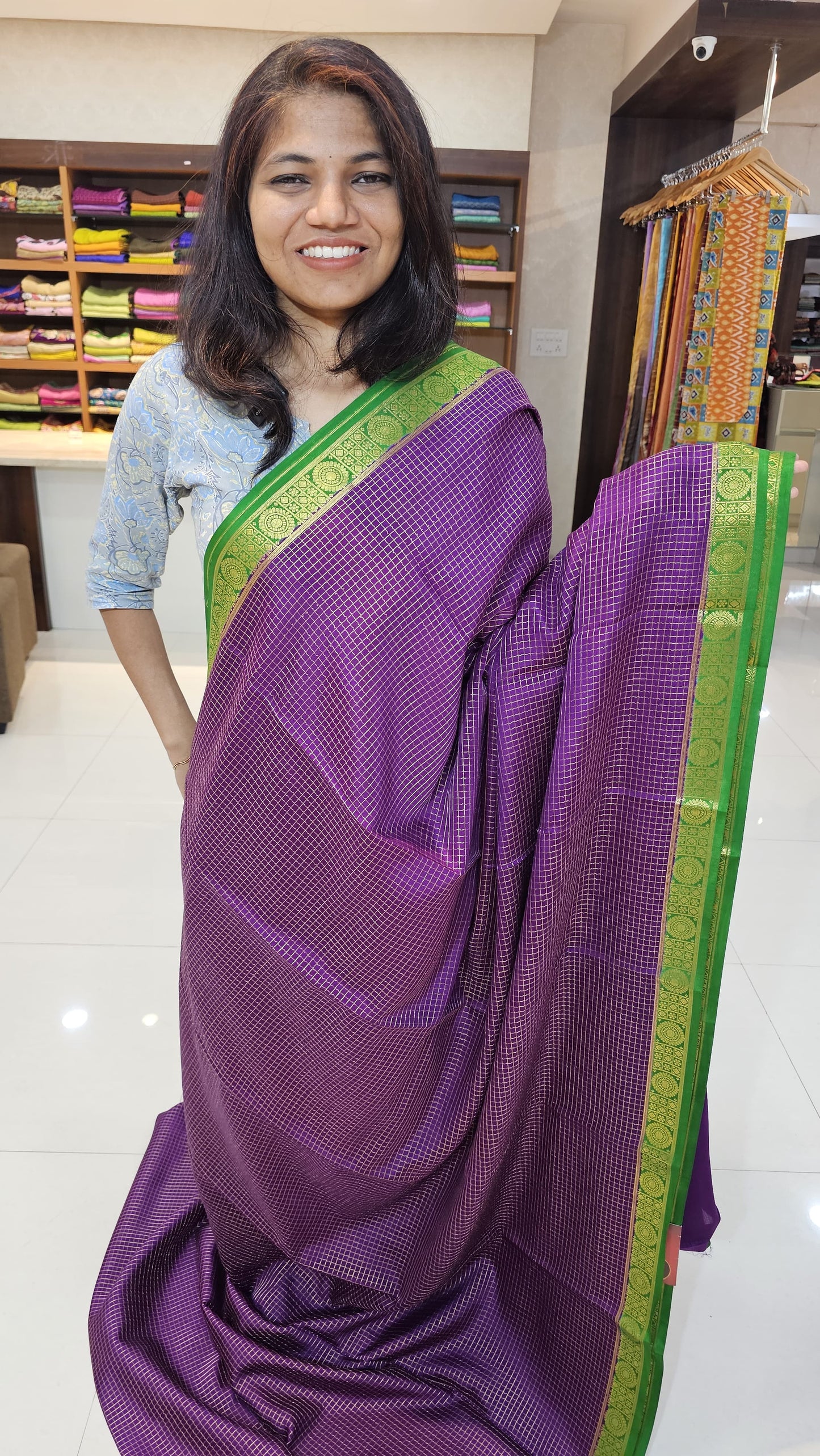 Mysore crepe silk saree with KSIC Finish in purple with green in checks pattern