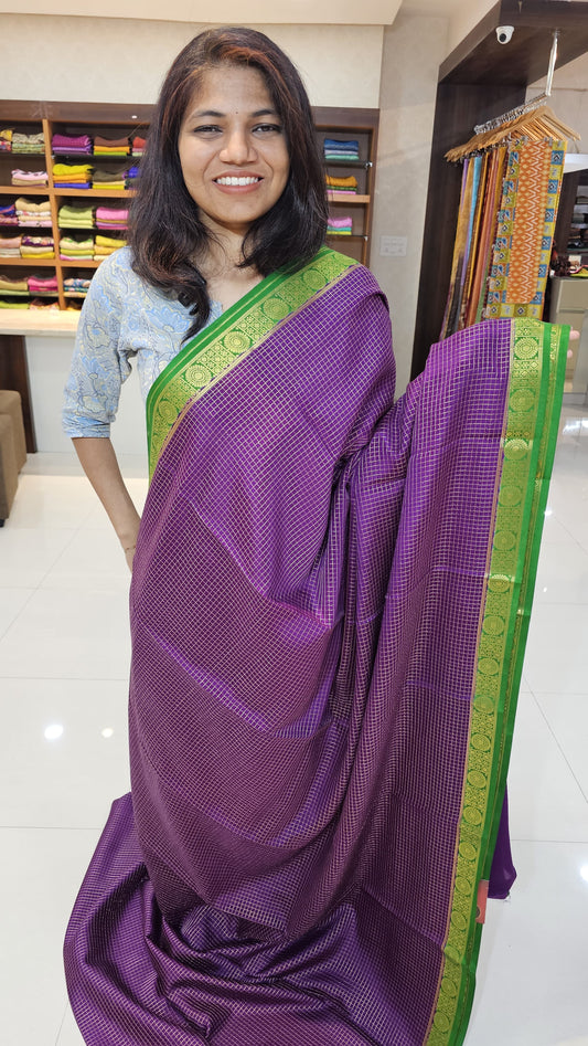 Mysore crepe silk saree with KSIC Finish in purple with green in checks pattern