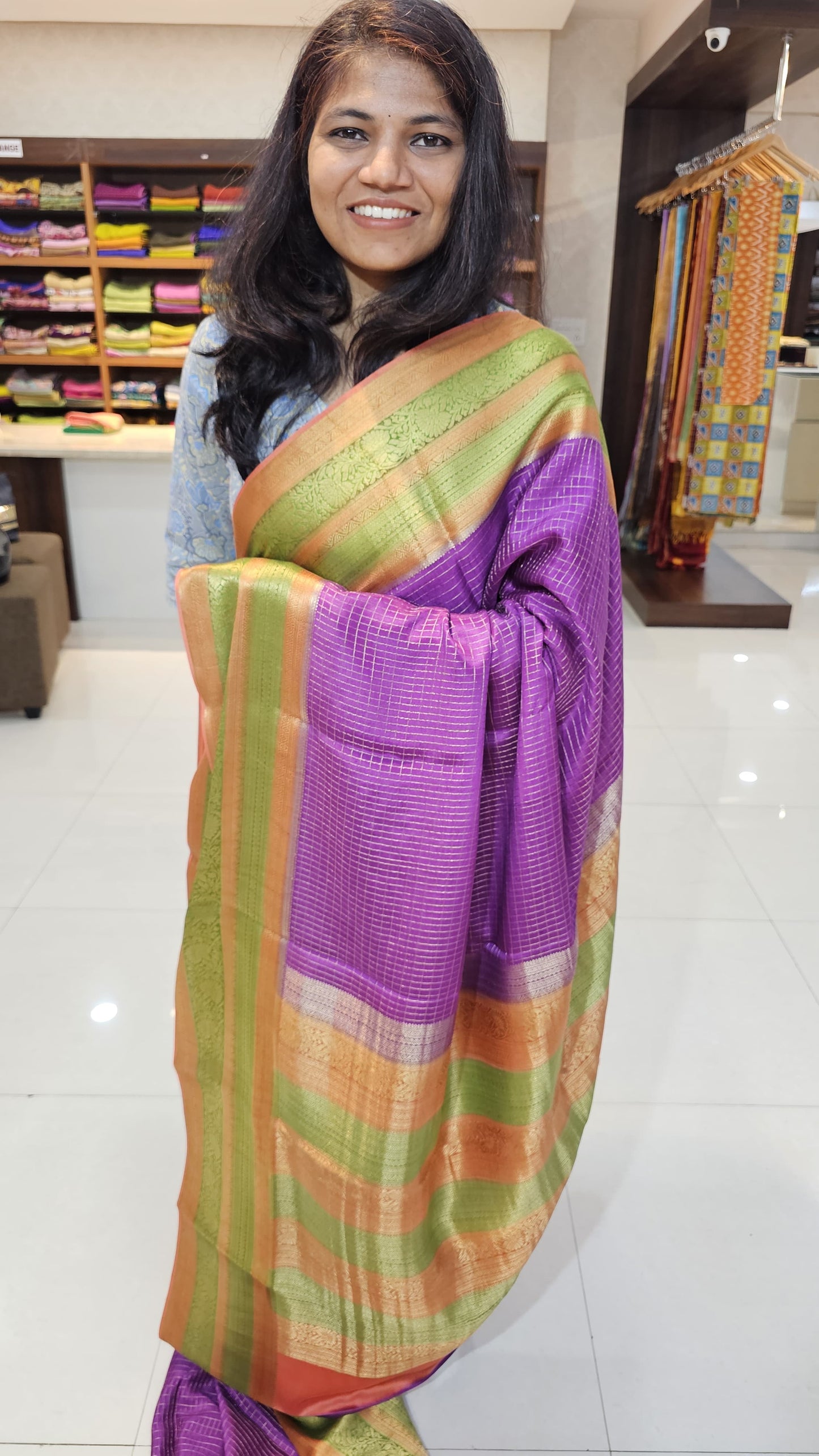 Mysore crepe silk saree with KSIC Finish in purple with peach checks pattern in kanchi border