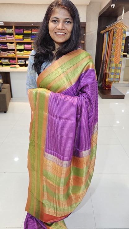 Mysore crepe silk saree with KSIC Finish in purple with peach checks pattern in kanchi border