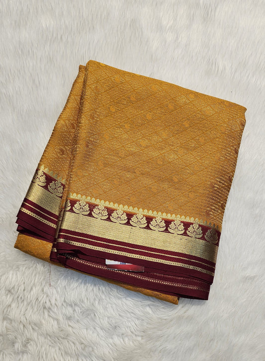 Mysore crepe silk saree with KSIC Finish in mustard with marron in brocade zari pattern