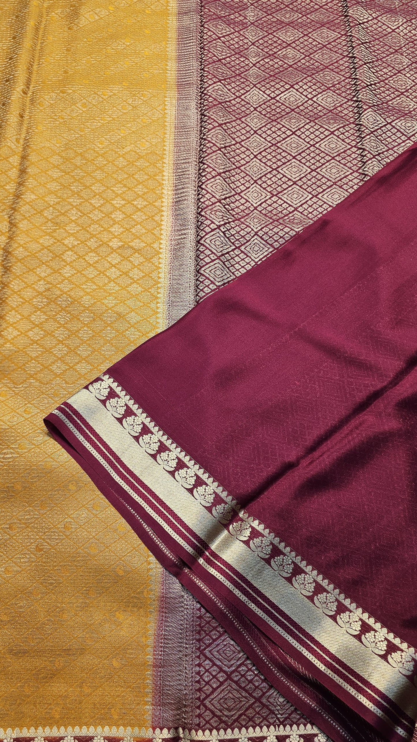 Mysore crepe silk saree with KSIC Finish in mustard with marron in brocade zari pattern