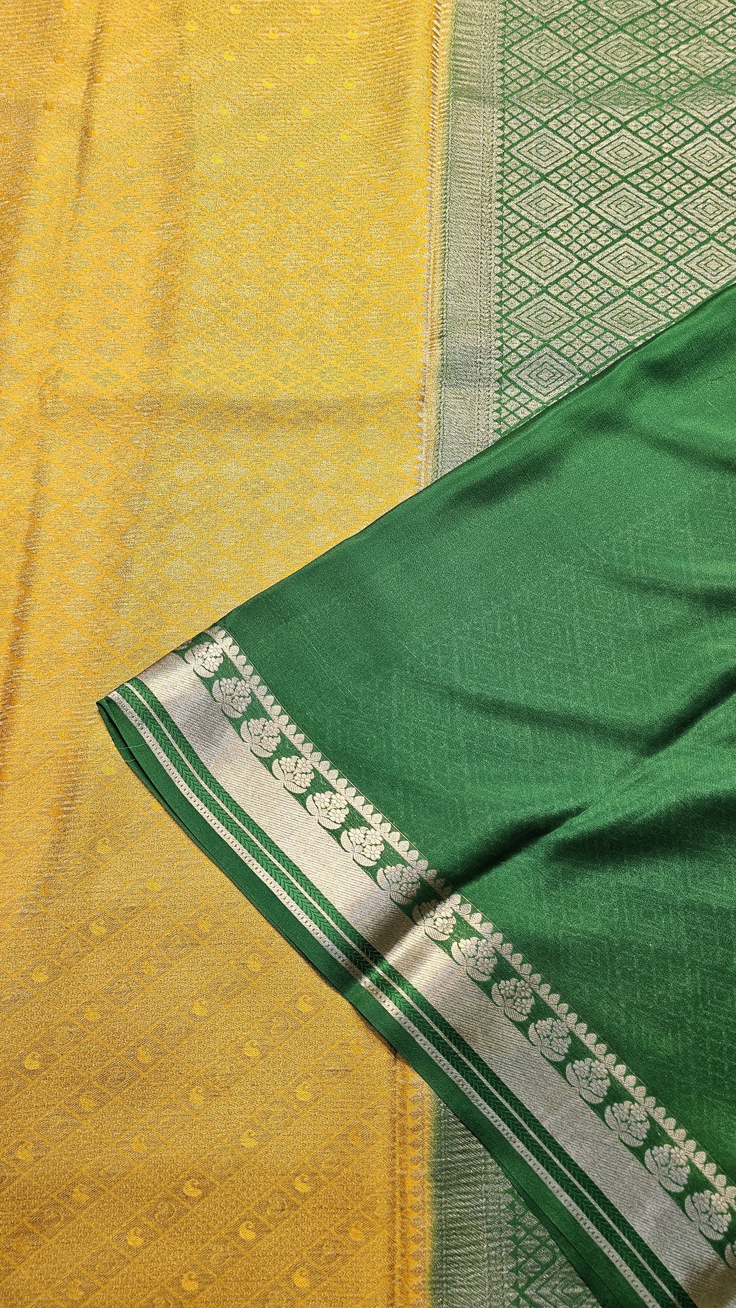 Mysore crepe silk saree with KSIC Finish in mustard with green in allover zari brocade pattern