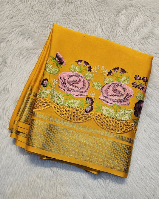 Mysore crepe silk saree with KSIC Finish in mango yellow self in one side cutwork pattern