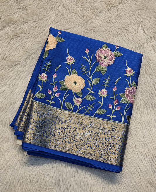 Mysore crepe silk saree with KSIC Finish in royal blue with half white in embroidery pattern