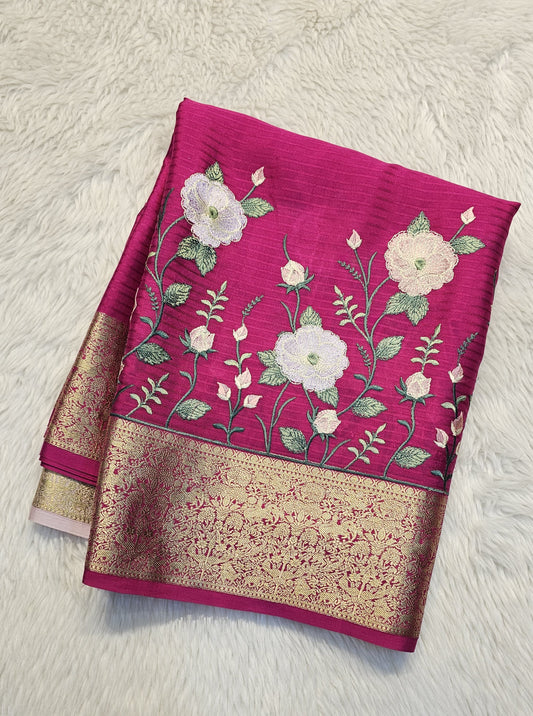 Mysore crepe silk saree with KSIC Finish in rani pink with light baby pink in embroidery pattern