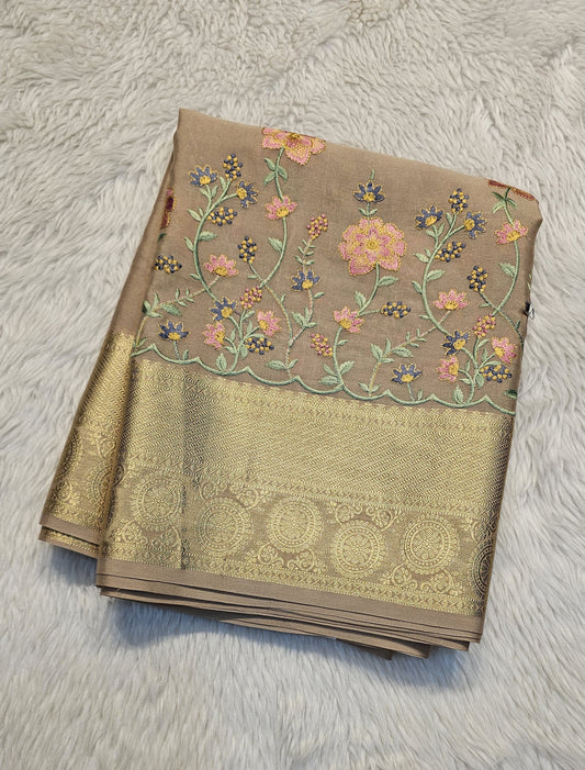 Mysore crepe silk saree with KSIC Finish in gold self in embroidery pattern