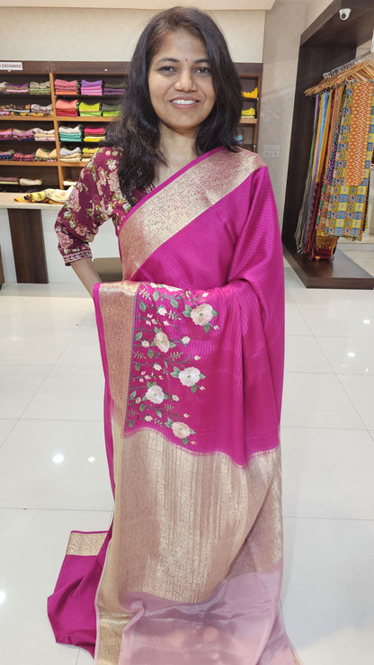 Mysore crepe silk saree with KSIC Finish in rani pink with light baby pink in embroidery pattern